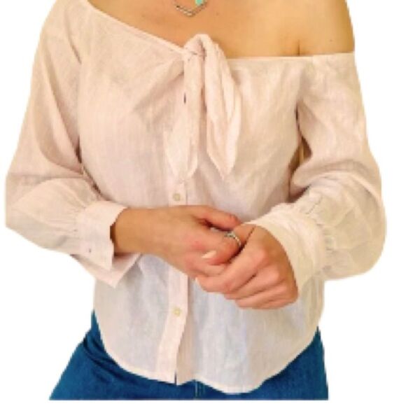 Free People Tops - FREE PEOPLE Linen Blend Hello There Off The Shoulder  Pink White Mini Stripes XS